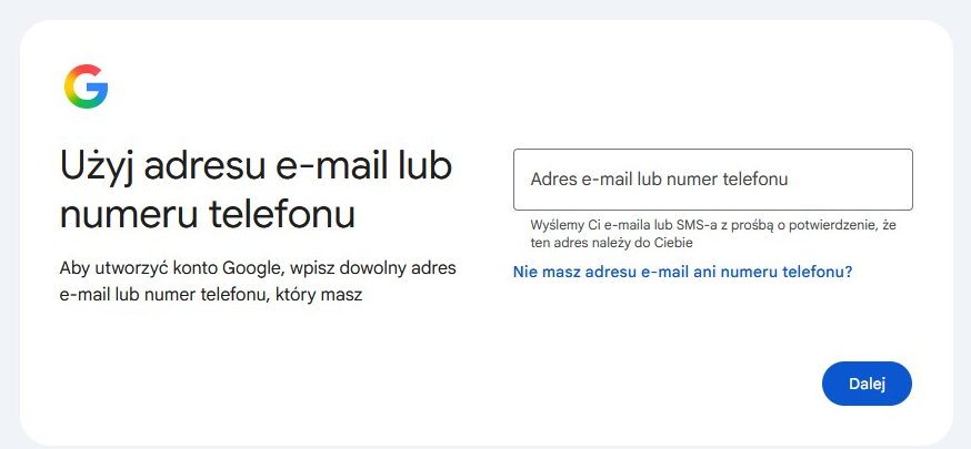 Ekran Użyj adresu e-mail lub numeru telefonu przy zakładaniu konta Google