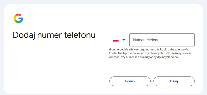 Ekran Dodaj numer telefonu z przyciskiem Pomiń